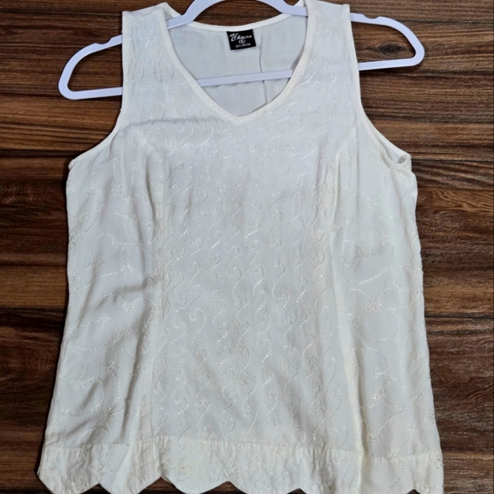 My Choice White Embroidered Scalloped‎ Hem V-Neck Rayon Tank Top Womens Small